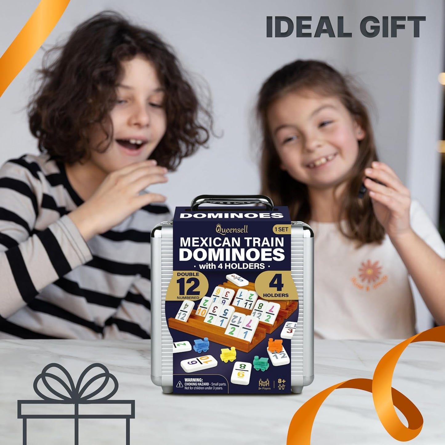 Queensell Mexican Train Dominoes Set with Numbers and 4 Holders - Wooden Hub and Domino Holders - Double 12 with Numbers (D12 Numbers + 4 Holders)