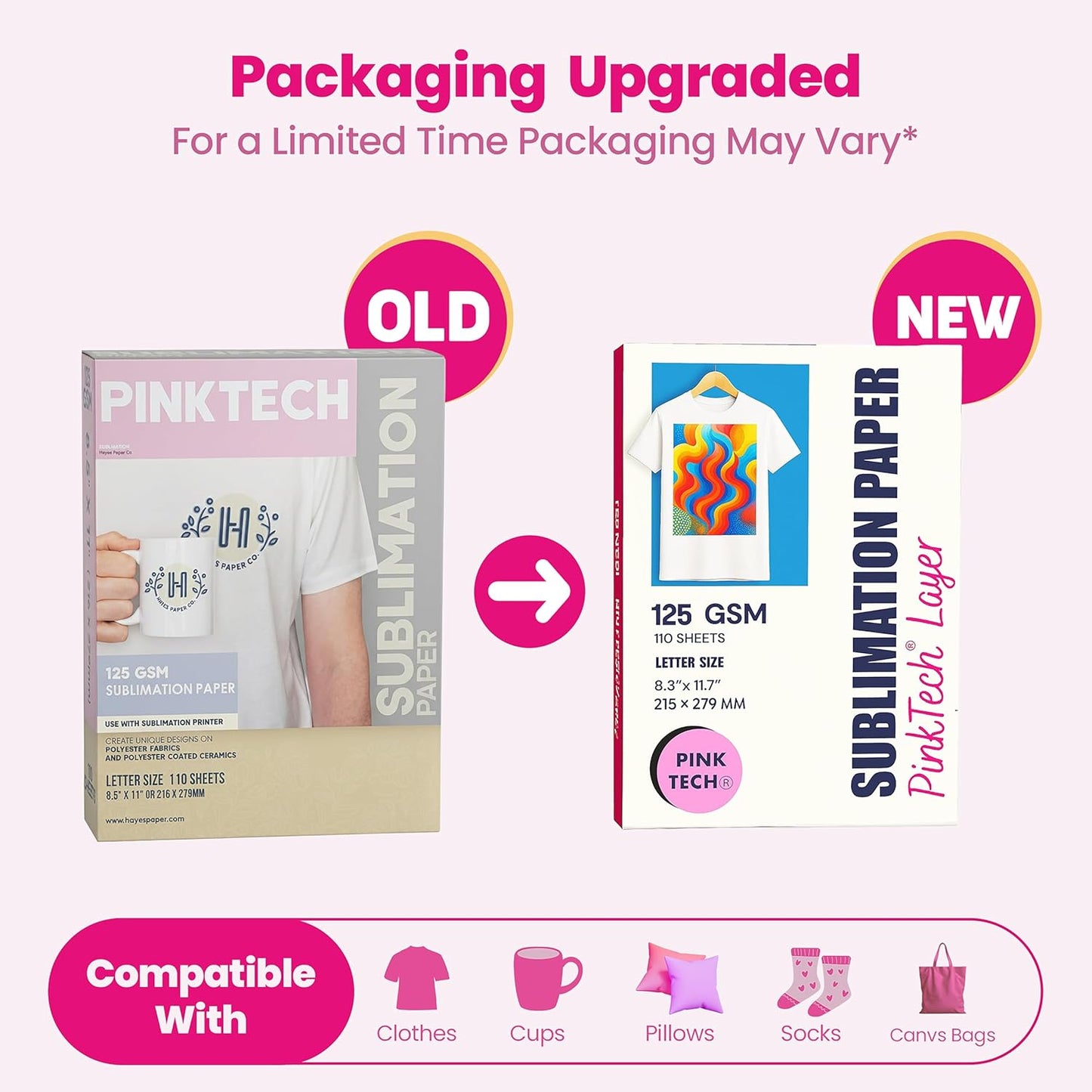Hayes PinkTech Sublimation Paper 8.5x11 Inch 110 Sheets 125gsm for Inkjet Printer Epson Canon Sawgrass Heat Transfer Paper Works with Sublimation Ink for T-Shirts Mugs Tumblers Sublimation Blanks