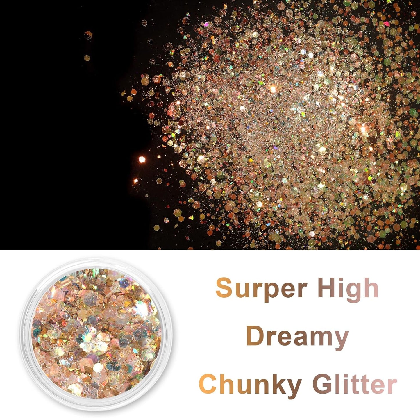Renfio Opal Chunky Glitter, 1.75oz/50g Gold Glitter, Dreamy High Sparkle Glitter for Crafts Holographic Fine Glitter Mix Iridescent Glitters Flake for Resin Nails Art Hair DIY Snow - Golden Sunshine