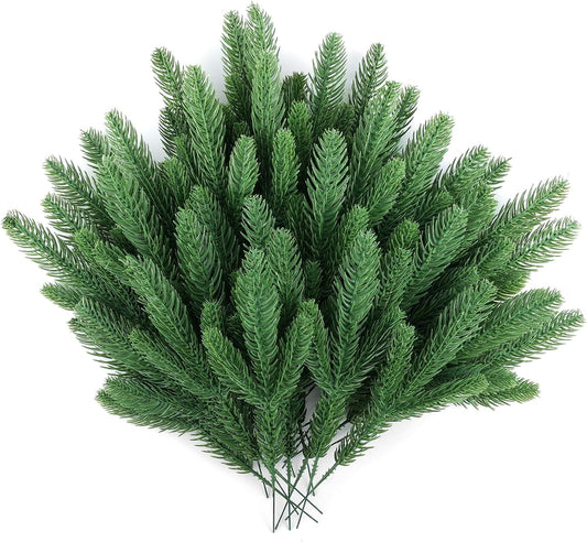 Hananona 50 Pcs Artificial Pine Branches Christmas Greenery Plants Pine Needles DIY Cedar Picks and Sprays Accessories for Christmas Garland Wreath Craft and Home Decor (50, Green)