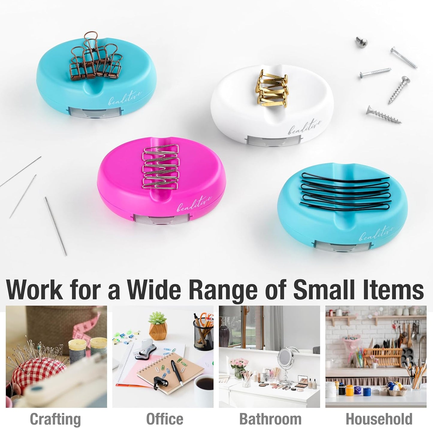 Beaditive Magnetic Pin Cushion with Drawer - Strong Magnet Pin Holder Cushions for Sewing - 50 Glass Head Quilting Pins Included - Chic Pincushion Caddy for Sewing Pins, Paper Clips, Screws – White