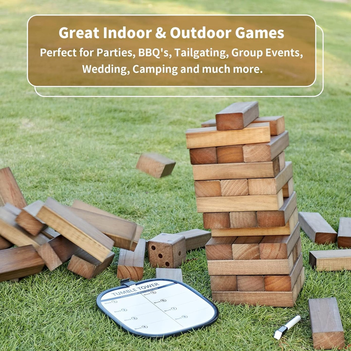 ApudArmis 60 PCS Giant Tumble Tower Stack to 5Ft, Pine Wooden Stacking Timber Game with 1 Dice Set - Classic Block Giant Outdoor Game for Adults Family (Brown)