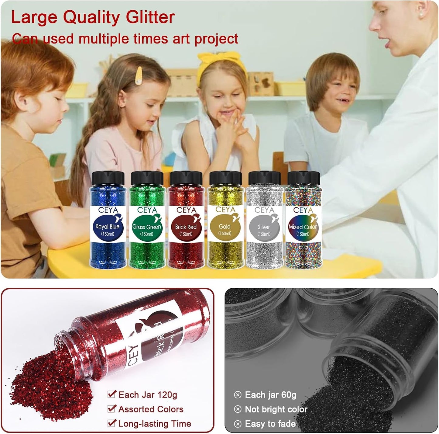 Ceya Bulk Chunky Glitter 6 Assorted Colors, 4.23OZ Each Jar Crafts Christmas Glitter, 1/24” Medium Size Nail Sequins for School Classroom Art,DIY Craft Slime Poster Card,Red,Blue,Silver,Gold,Green,Mix