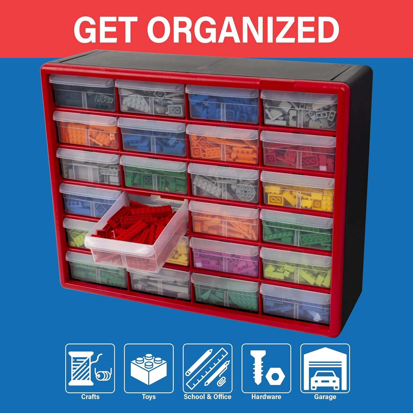 Akro-Mils 24-Drawer Plastic Drawer Storage Cabinet for Garage Organization, Bead Organizer, Building Bricks Storage, Teacher Toolbox, Makeup Organizer, 20" W x 6" D x 16" H, 10124 Red
