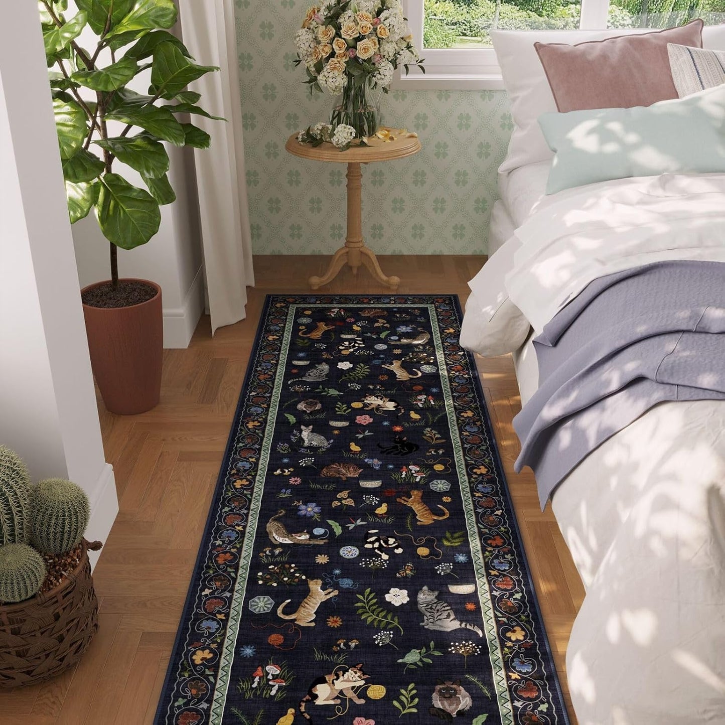 Rugcomf Runner Rug for Kitchen Non Slip 2'6''x8' Washable Rugs with Rubber Backing Soft Floral Animal Cat Carpet Runner for Kitchen Laundry Bedroom Bathroom, Cobalt Blue