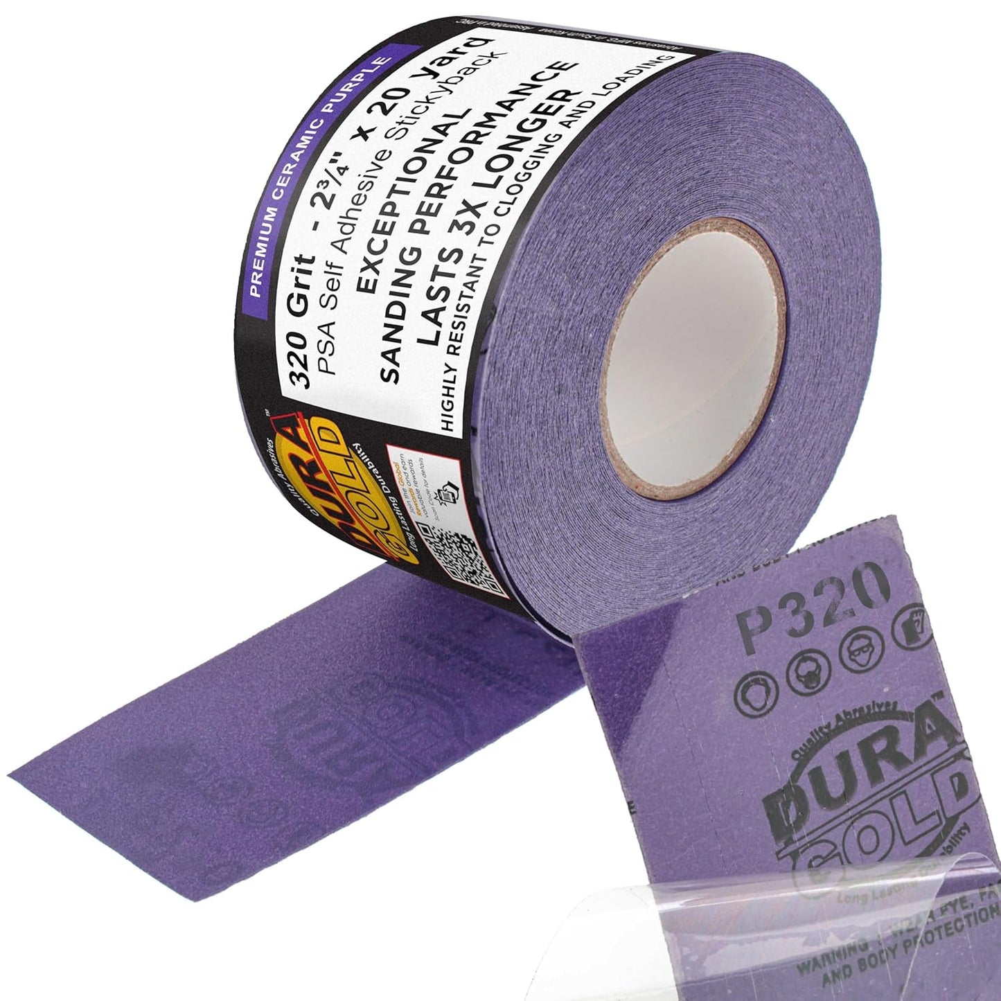 Dura-Gold Premium 320 Grit PSA Purple Film Ceramic Longboard Sandpaper, 2-3/4" Wide Continuous 20 Yard Roll - Self Adhesive Stickyback for Auto & Wood Air File Long Board Sanders, Hand Sanding Blocks