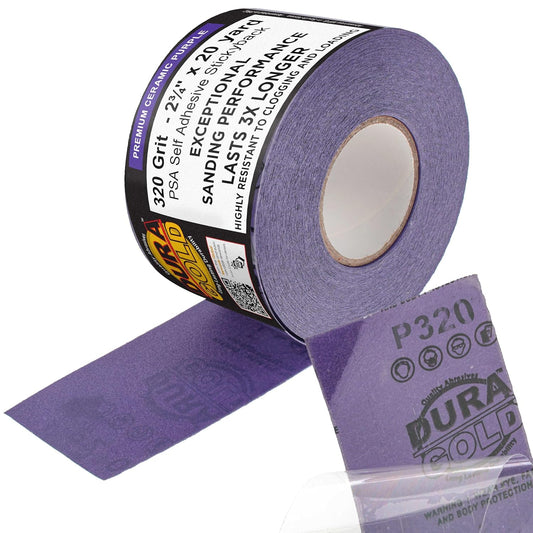 Dura-Gold Premium 320 Grit PSA Purple Film Ceramic Longboard Sandpaper, 2-3/4" Wide Continuous 20 Yard Roll - Self Adhesive Stickyback for Auto & Wood Air File Long Board Sanders, Hand Sanding Blocks