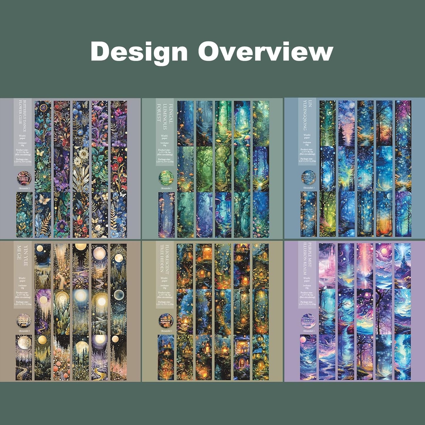 6 Rolls Fantasy Washi Tape Set – Non-Repeat Magical Forest and Galaxy Designs for Scrapbooking, Journaling, Planner, DIY Crafts with Storage Clip