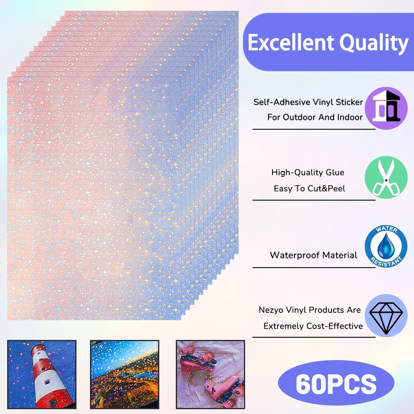 Nezyo 60 Sheets Holographic Laminate Sheets Clear Glitter A4 Size Vinyl Sticker Paper Holographic Overlay Self Adhesive Waterproof Transparent Film, 11.7 x 8.3 Inch (Star Style)