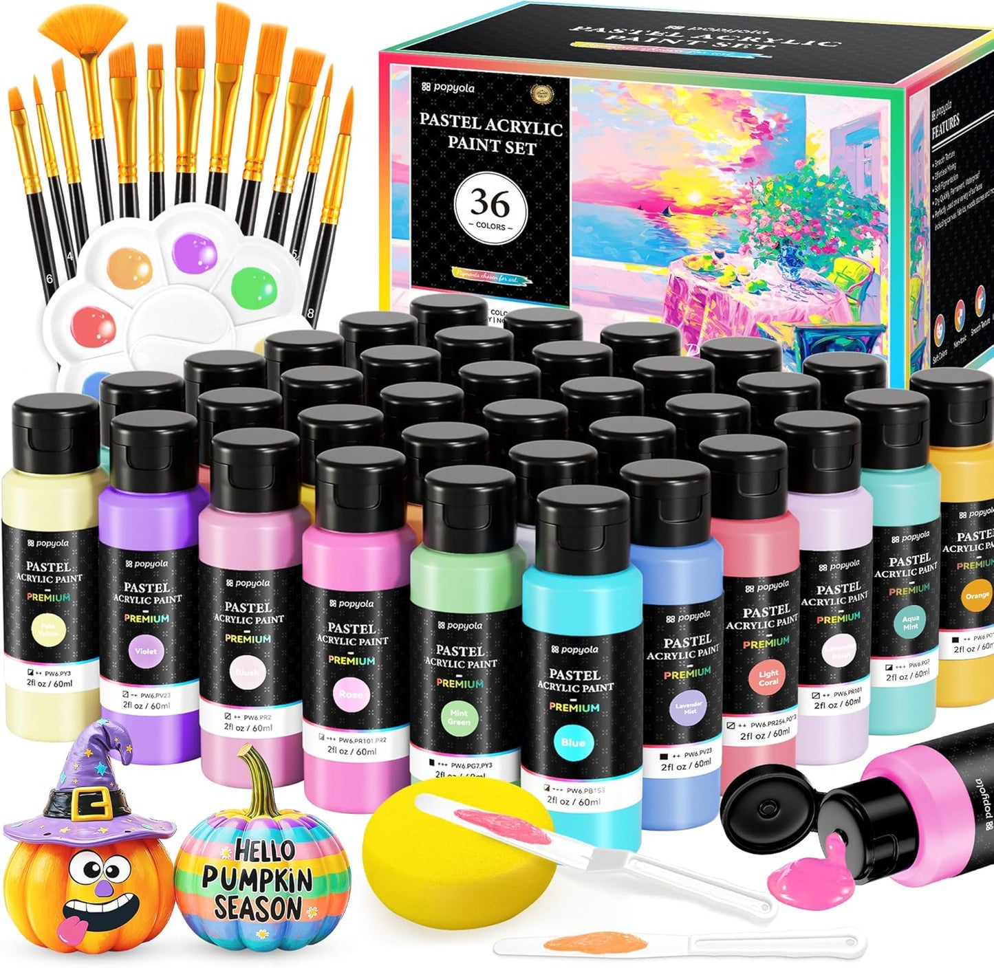52 PCS Pastel Acrylic Paint Set with 12 Brushes, 2 Knives & Palette, 36 Colors (2oz/60ml) Art Craft Paint for Adults Kids Artists Beginners, Halloween Pumpkin Canvas Ceramic Rock Painting Kit