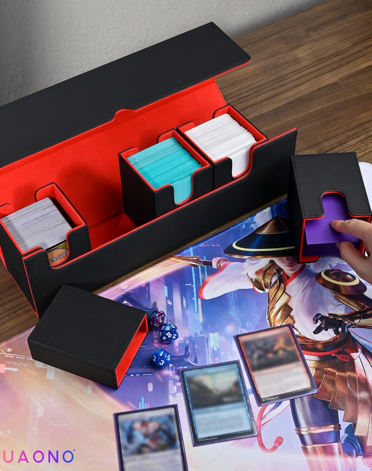 Card Deck Box with Dice Tray for MTG, 5 in 1 Card Deck Case Holds 800+ Unsleeved Cards, Strong Magnet Organizer Compatible with Yugioh TCG Sports Cards (Black Red)