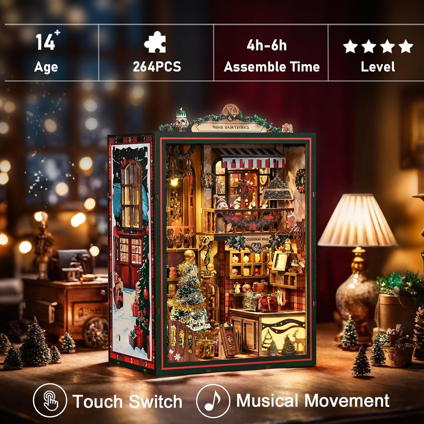 Book Nook Kit - DIY Miniature Dolls House Kit with Furniture and LED Light, 3D Puzzle Wooden Art Bookends, Model Kits for for Adults and Teens (Christmas Shop)