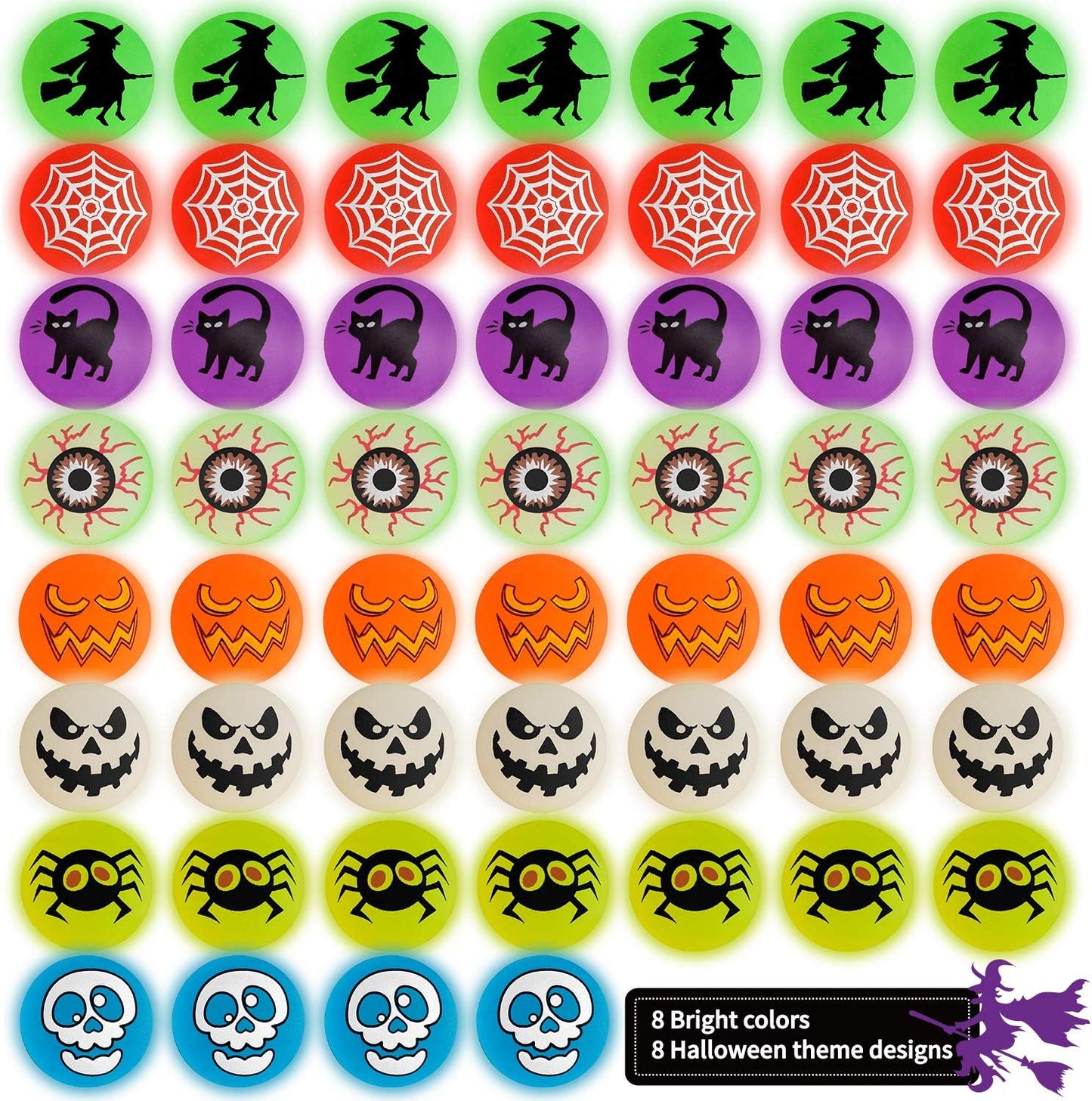 72 Glow in The Dark Bouncing Balls,Halloween Party Favors Supplies, 8 Halloween Theme Designs for School Classroom Game Rewards, Trick or Treating Goodie, Halloween Miniatures/Prizes(with pouch bag)