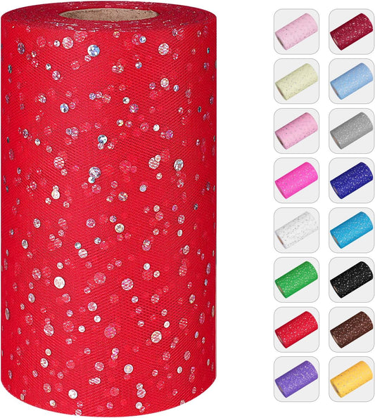 Glitter Tulle Rolls, 6' by 50 Yards (150FT) Sequin Tulle Netting Fabric for Tutu Skirts Sewing Birthday Wedding Party Decoration (Red)