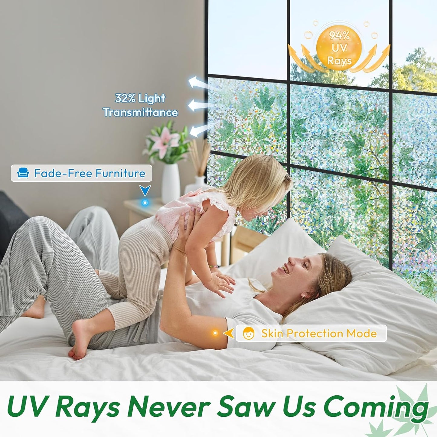 rabbitgoo Rainbow Window Privacy Film Decorative Stained Glass Diamond Pattern Window Sticker with Iridescent Tint Non-Adhesive Static Cling for Home Office Bathroom, Green Leaf 35.4 x 78.7 inch