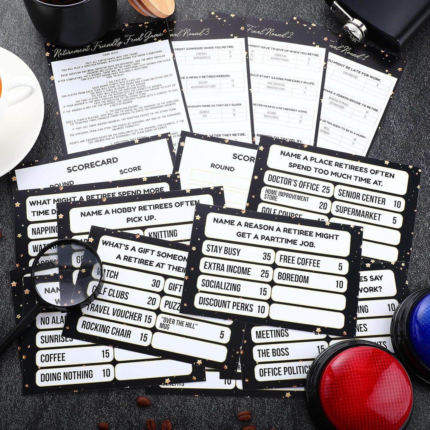 20 Pcs Retirement Friendly Feud Game Set Retirement Party Game Trivia Quiz with 18 Card 2 Buzzer for Adults Family Games Activities Party Supplies, Battery Not Included