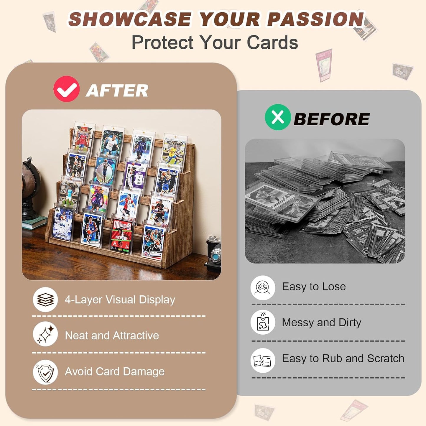 Emfogo Card Display Stand, 4-Tier Trading Card Display, Wooden Graded Baseball Sports Card Display, Trading Card Display Case for Card Collection & Show (Brown)