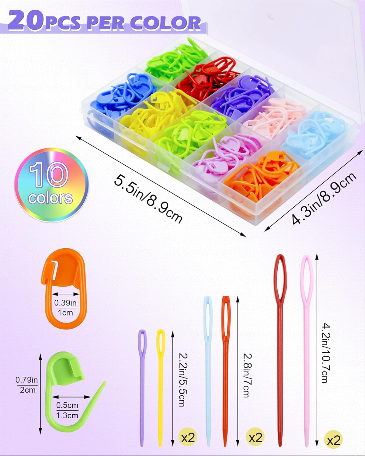 FIVEIZERO 200 Pcs Stitch Markers 10 Color Knitting Markers Crochet Hook and Needle Clip, Sewing Needles with Plastic Eyelets, Colorful Crochet and Needle Markers for DIY and Craft Sewing