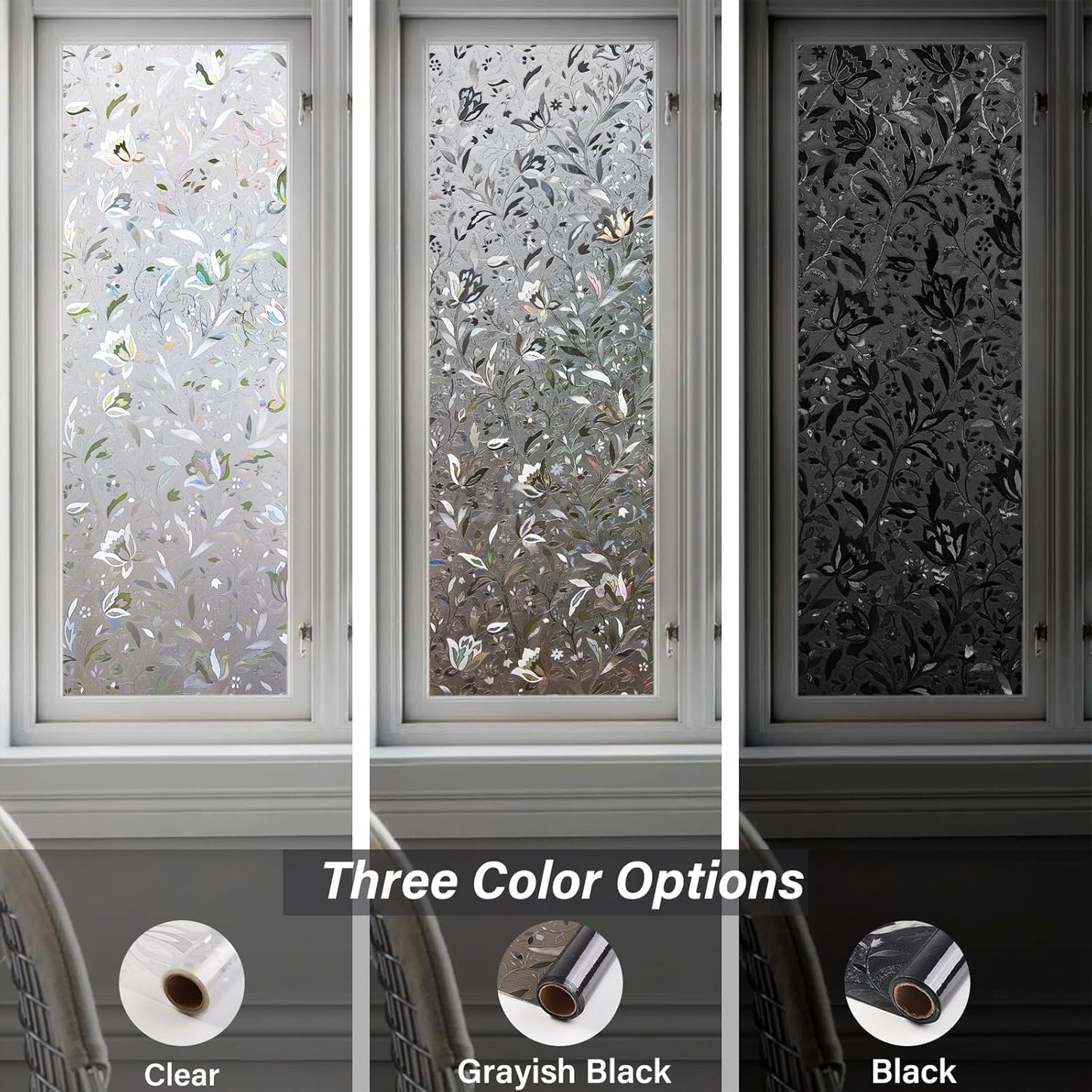 LEMON CLOUD Window Film, Decorative Window Privacy Film, Window Film Privacy Static Cling Frosted, Anti-UV Sun Blocker Heat Control for Home(Grayish Black, 23.6 x 157.4 inches)