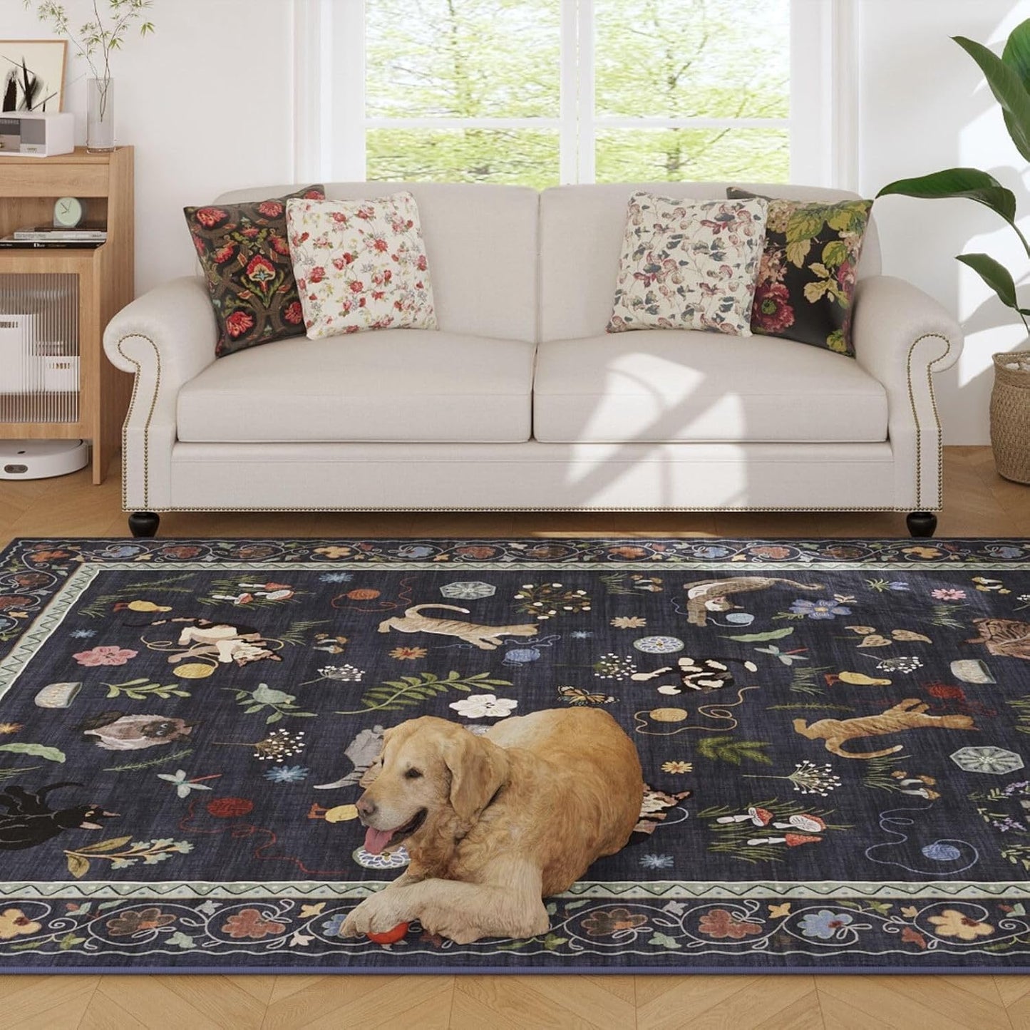 Rugcomf Living Room Rug 5x7 Rug Machine Washable Boho Area Rug Non Slip Floral Animal Cat Vintage Low Pile Large Rugs for Living Room Bedroom Farmhouse Dining Room Kids Playroom, Cobalt Blue