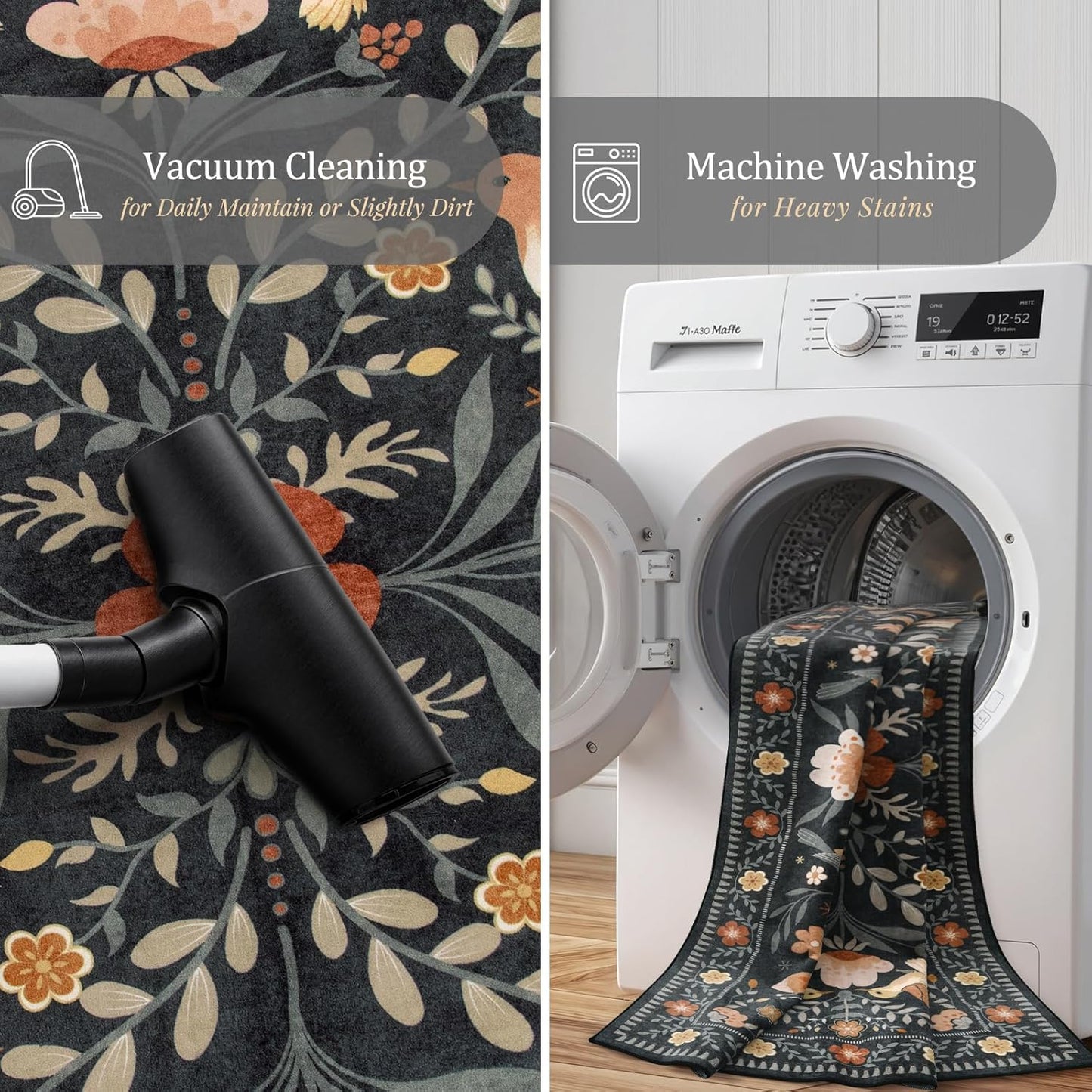 Morebes Washable 8x10 Area Rugs for Living Room Non Slip, Boho Botanical Soft Birds Bug Moody Rugs for Bedroom, Ultra-Thin Floral Flower Throw Carpet for Classroom Home Office Dorm Room, Black/Multi