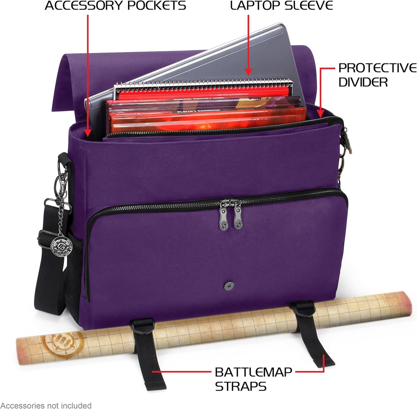 ENHANCE Collector's Edition RPG Player's Essentials DnD Bag - Dragon Hide Exterior Messenger Bag Fits 2-4 Books, Binders, Dice & Accessories, with 17 inch Laptop Slot, Battlemap Straps (Dragon Purple)