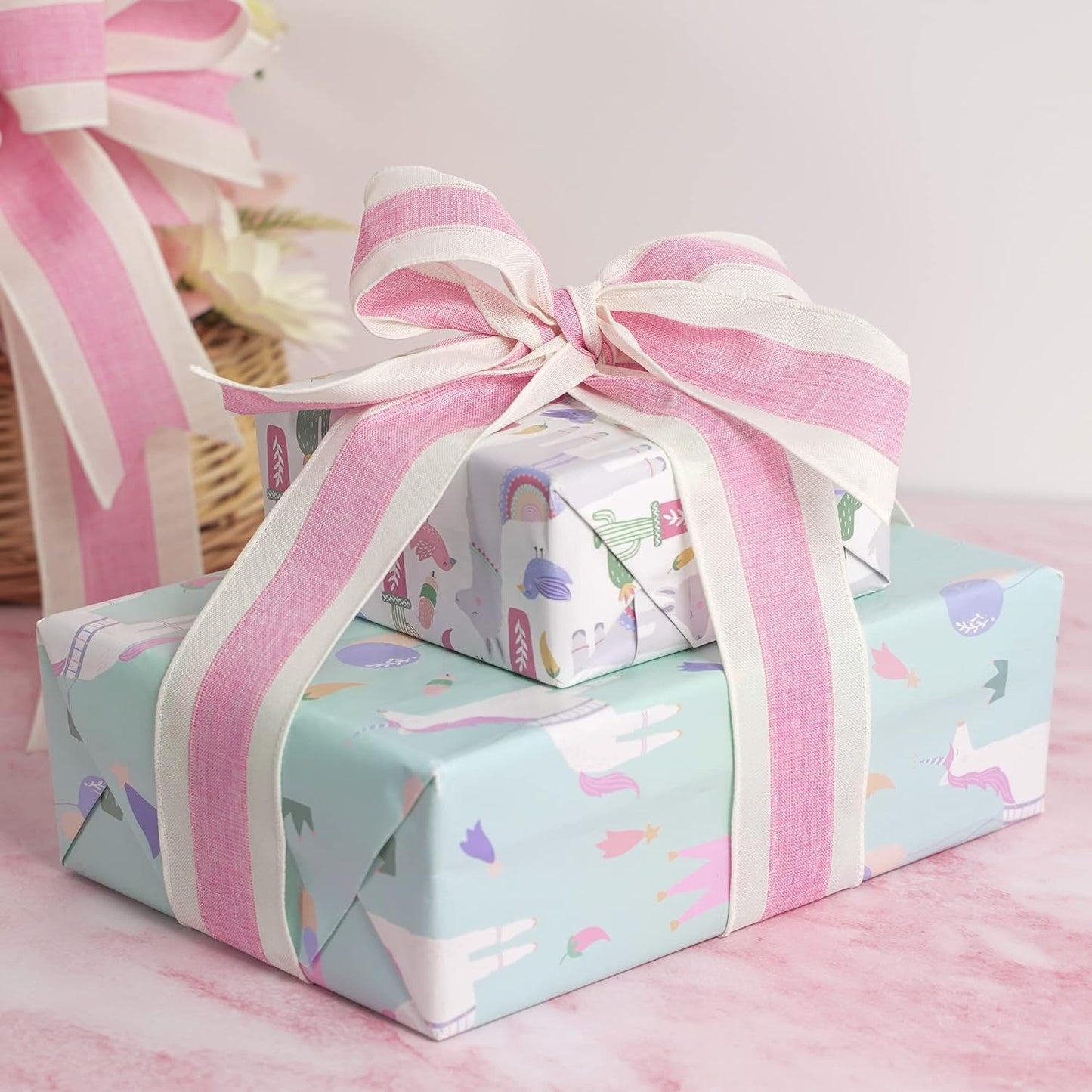 MEEDEE Pink White Stripe Wired Burlap Ribbon with Ivory Stripes Edge - 2.5 Inch, Light Pink (10 Yards) for Wreaths, Garland, Lantern, Mailbox Topper Bow