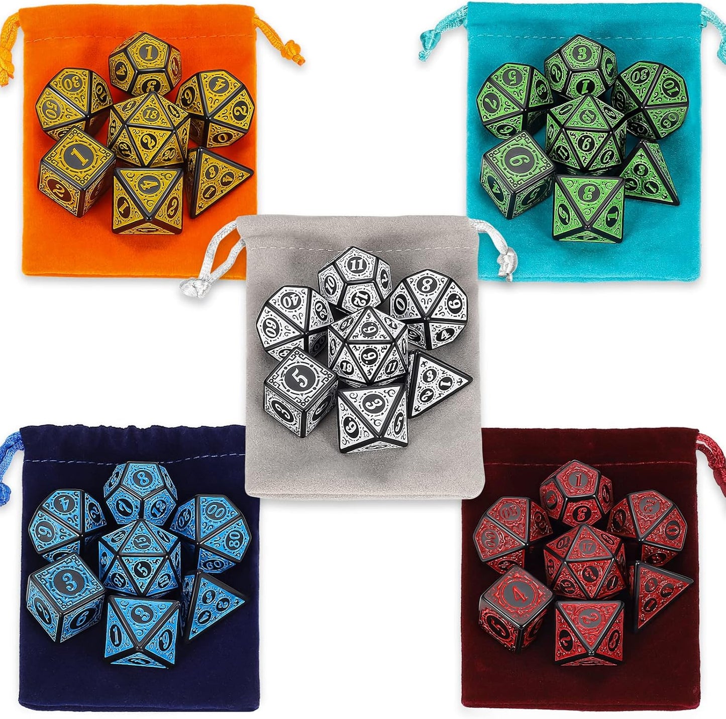 CiaraQ Polyhedral Dice with 5 Pouches, 5 Sets of Retro Dice for MTG DND Board Games, 35 Pieces