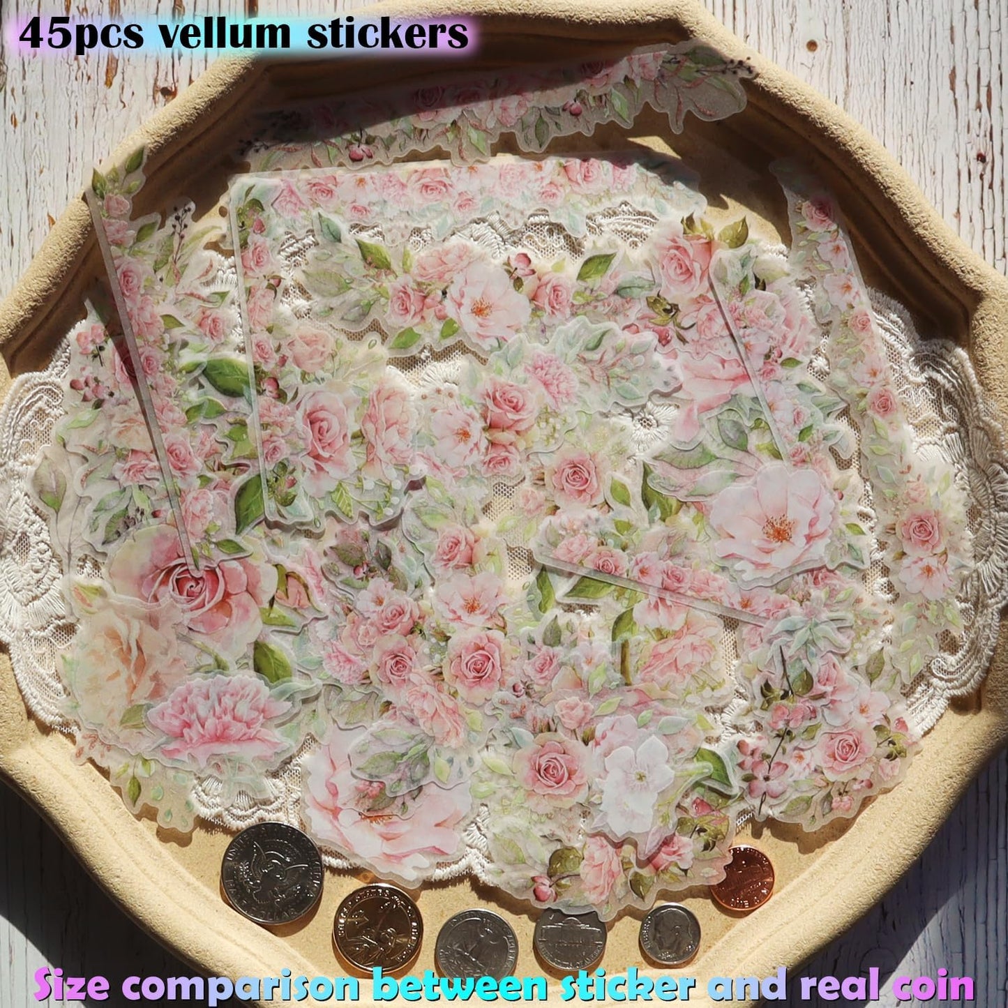 Vintage Vellum Stickers Floral Plants Elements Scrapbooking Supplies Flowers Botanic Natural Translucent Paper Self-Adhesive Junk-Journal Items (Rose)