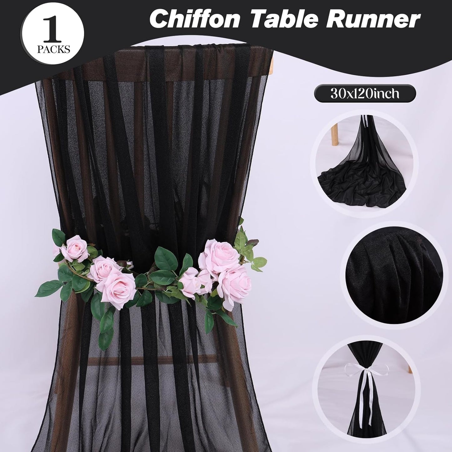 10ft Black Chiffon Table Runner 30 x 120 Inches Sheer Long Tulle Table Runner for Rustic Boho Wedding Birthday Party Decor Bridal Baby Shower Decorations