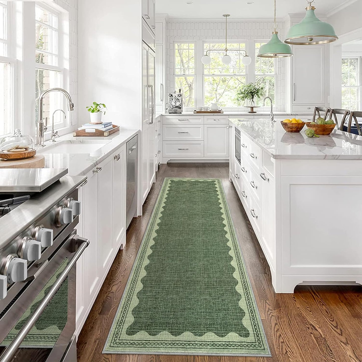 Scalloped Rug 2x6 Runners for Hallways, Solid Green Runner Rugs Non Slip Scalloped Bath Runner, Washable Rug for Bedroom Girls, Mat for Kitchen Floor Soft Dorm Nursery Carpet for Bedside