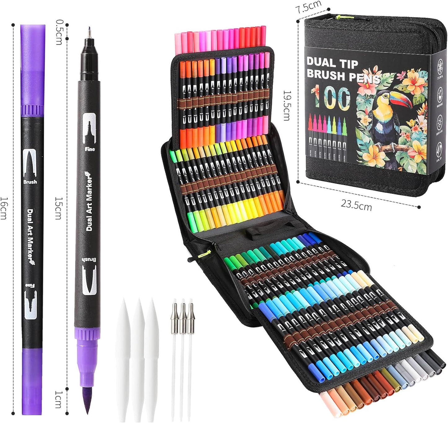 Dual Tip Markers, Double Brush Art Markers Set with Fine Tip and Brush Tip for Adult Coloring Book, Hand Lettering, Calligraphy & Drawing, Art Supplies Kit for Kids and Adults (100 Colors)