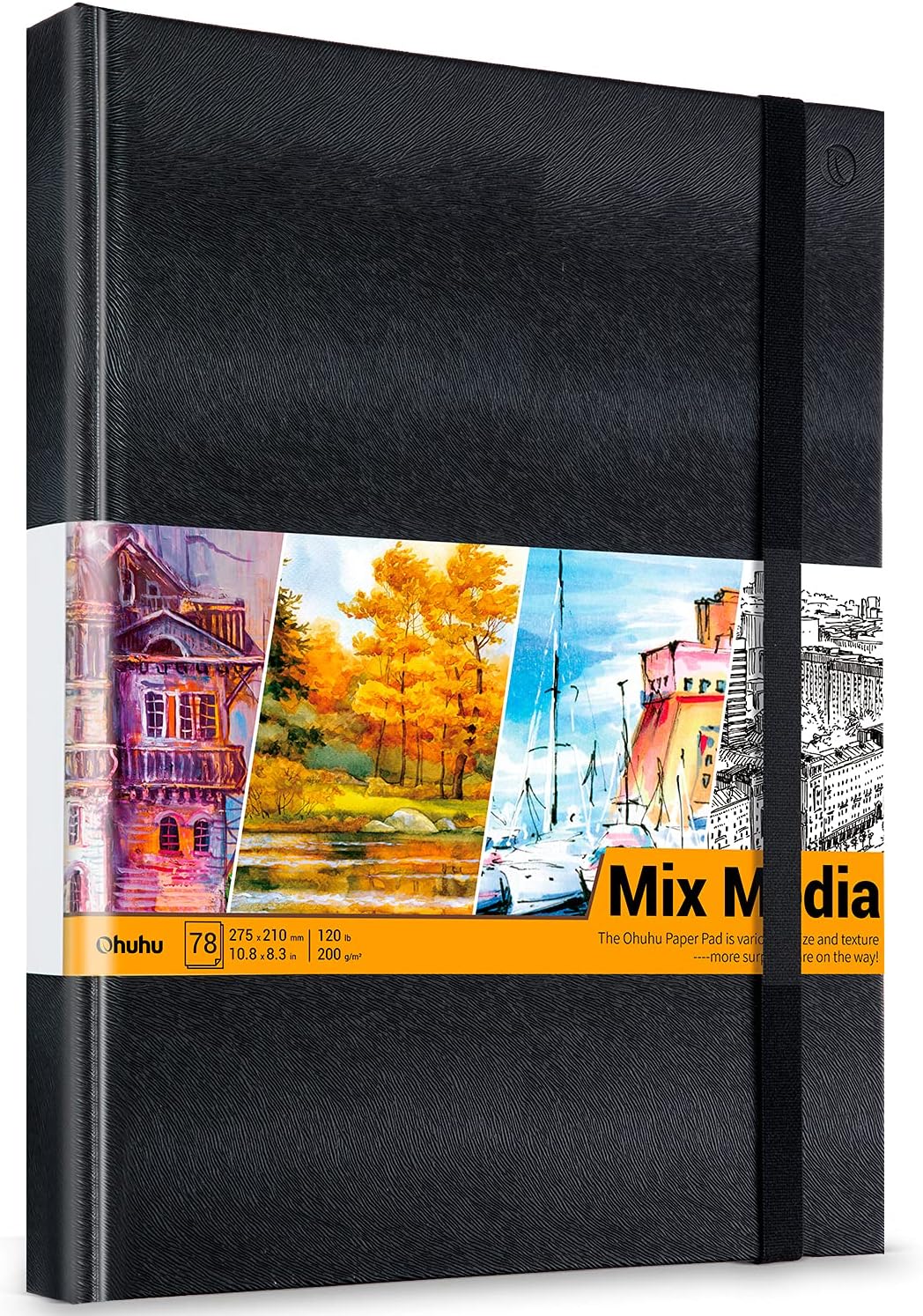 Ohuhu Mix Media Pad - 10.8"x8.3" Mixed Media Art Sketchbook, 120 llb/200 GSM Heavyweight Papers, 78 Sheets/156 Pages, PU Hardcover Mixed Media Paper Pad for Acrylic Painting Christmas Gift