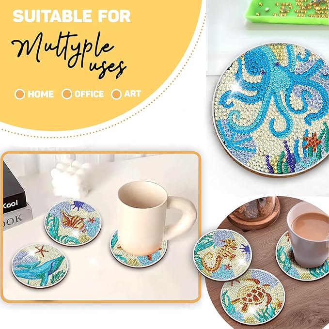 8 pcs Diamond Painting Coasters | Diamond Art Coasters | Ocean Animals Diamond Art Painting | Perfect Art Craft Gift for Ocean Animals Lover, Dad, Mom, Grandparents, Brother, Sister.