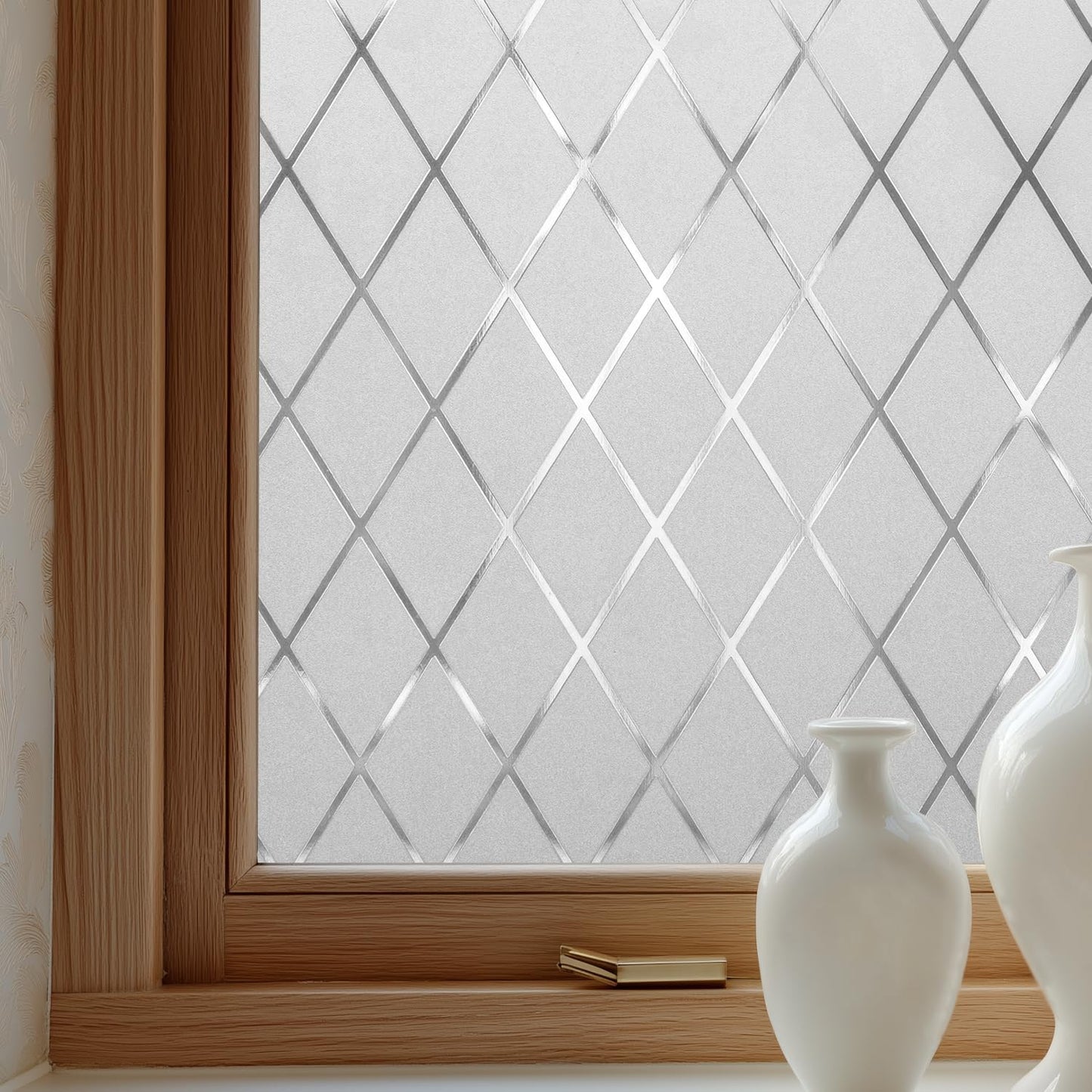 Window Privacy Film Decorative for Front Door, Bathroom Static Cling Stained Glass Sticker Opaque Heat Control UV Blocking Non-Adhesive for Home,Grid 23.6 x 78.7 inches