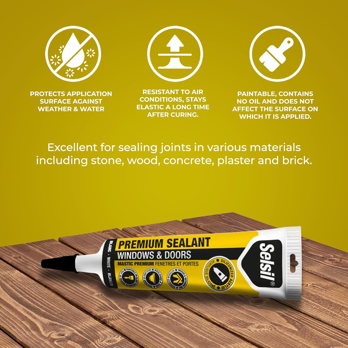 Selsil Siliconized Super Acrylic Latex Sealant, Indoor & Outdoor Paintable Caulk - Flexible, Weather & Moisture Resistant, White Caulking for Baseboards, Windows, Doors & More - 5.5 oz (160 ml)