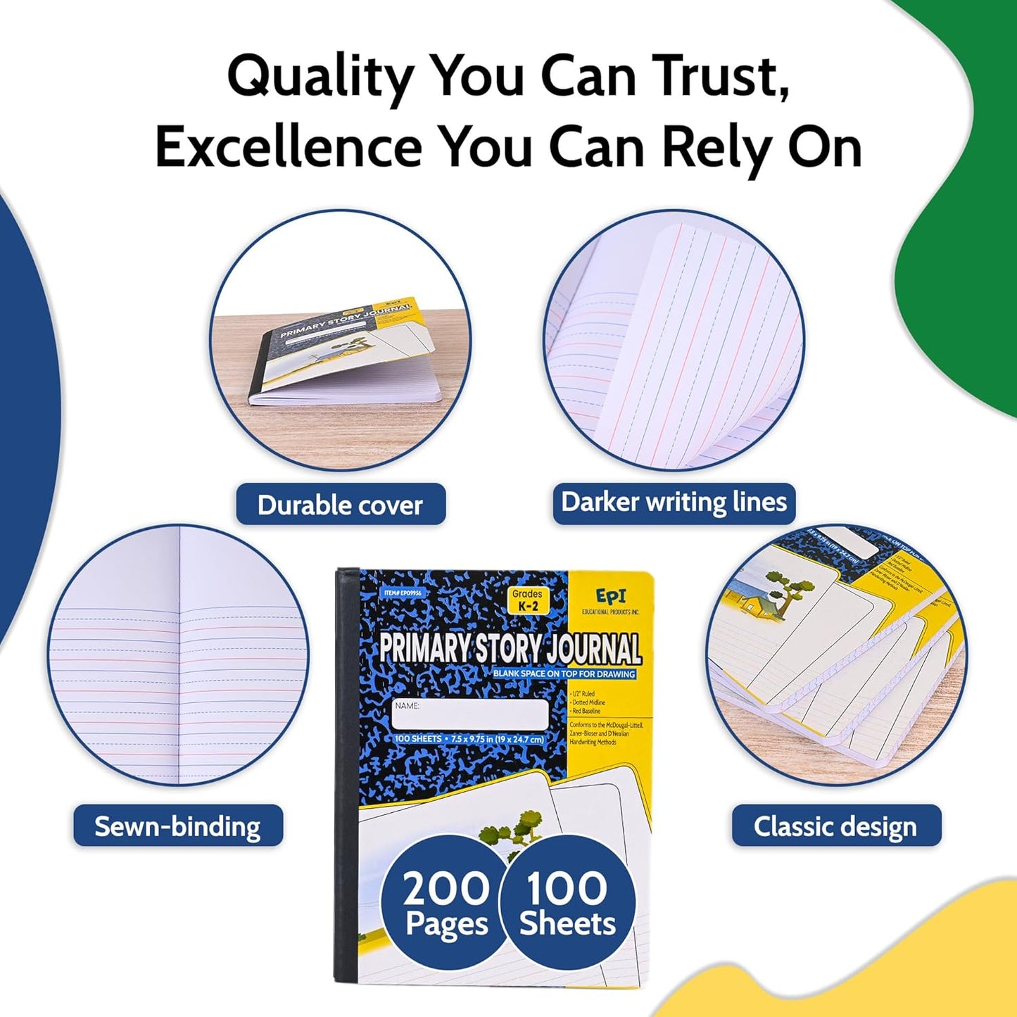 EPI Marble Hardcover Primary Ruled Composition Notebook | 200 Pages (100 Sheets), 9.75 x 7.5 in, Sturdy Sewn Binding | School, Office, Journaling, Notes - 48 Pack