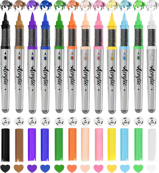 Acrylic Paint Markers Anime Color, 12 Colors Fabric Marker, Auto-Ink Paint Pens Markers, Brush Tip Marker for Rock Painting, Wood Glass Ceramic Canvas Stone DIY Crafts Making Art Supplies