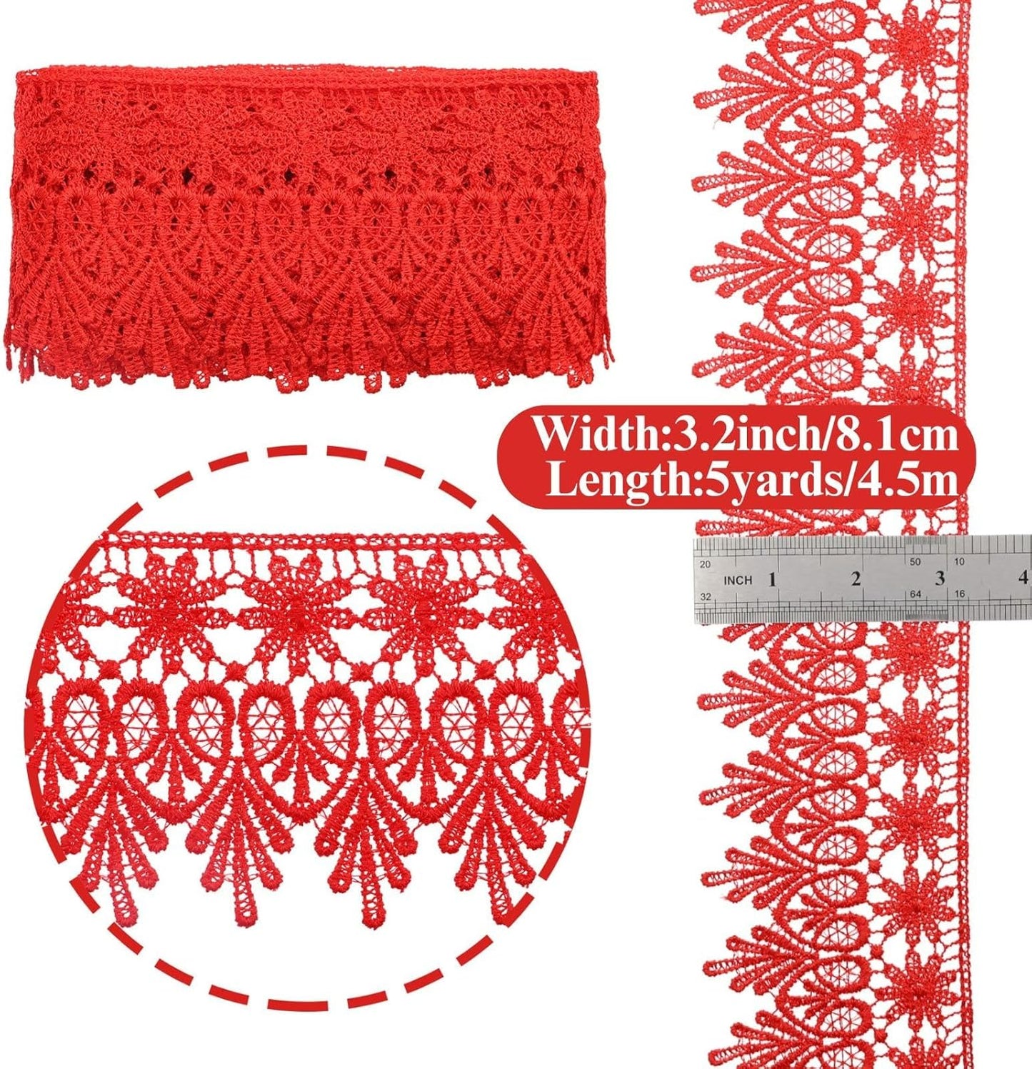 GXTIZAS Red Lace Trim 5 Yards Wide Venise Lace Ribbon Embroidered Edge Trim for Sewing Crafts Pillow Case