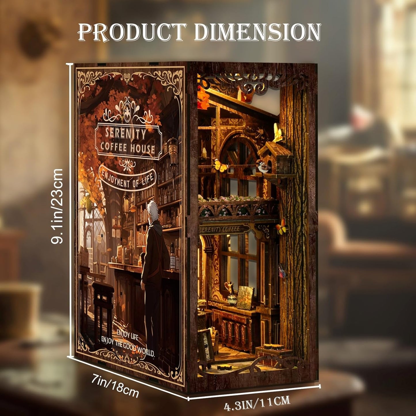 DIY Book Nook Kit 3D Puzzles for Adults Miniature House Kit Wooden Bookends Booknook Bookshelf Insert Decor with LED Lights Wood Crafts Gifts for Book Lovers - Serenity Coffee House