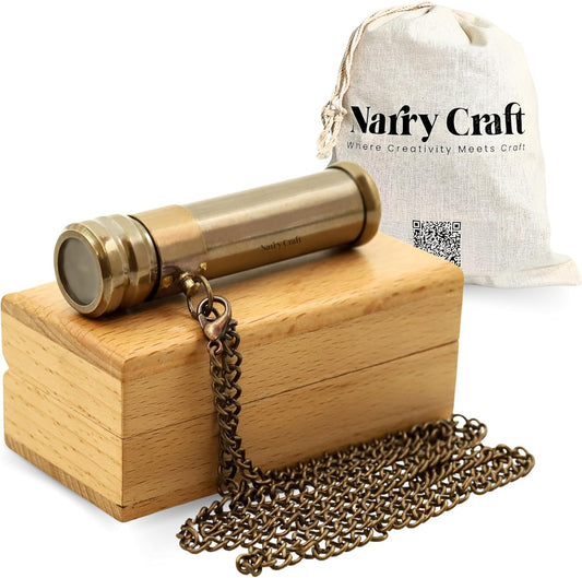 Brass Kaleidoscope with Wooden Box | Handcrafted Vintage Kaleidoscope with Optical Glass Lens & Wooden Storage Box – Collectible Gift for Kids & Adults Last-Minute (Silver/Brass, Small)