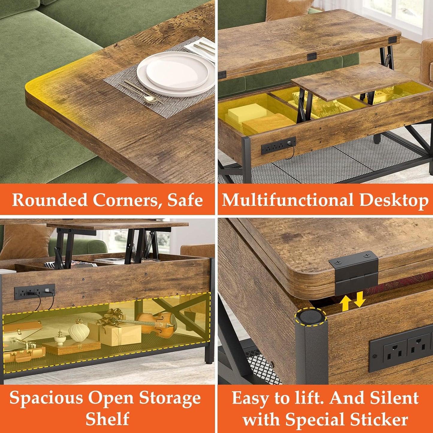 Aheaplus Coffee Table Lift Top with LED Light and Power Outlet, Multi-Function Coffee Table Converts to Dining Table, Center Table with Shelves for Living Room Reception Home Office, Rustic Brown