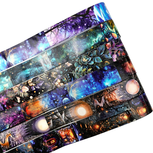 6 Rolls Fantasy Washi Tape Set – Non-Repeat Magical Forest and Galaxy Designs for Scrapbooking, Journaling, Planner, DIY Crafts with Storage Clip