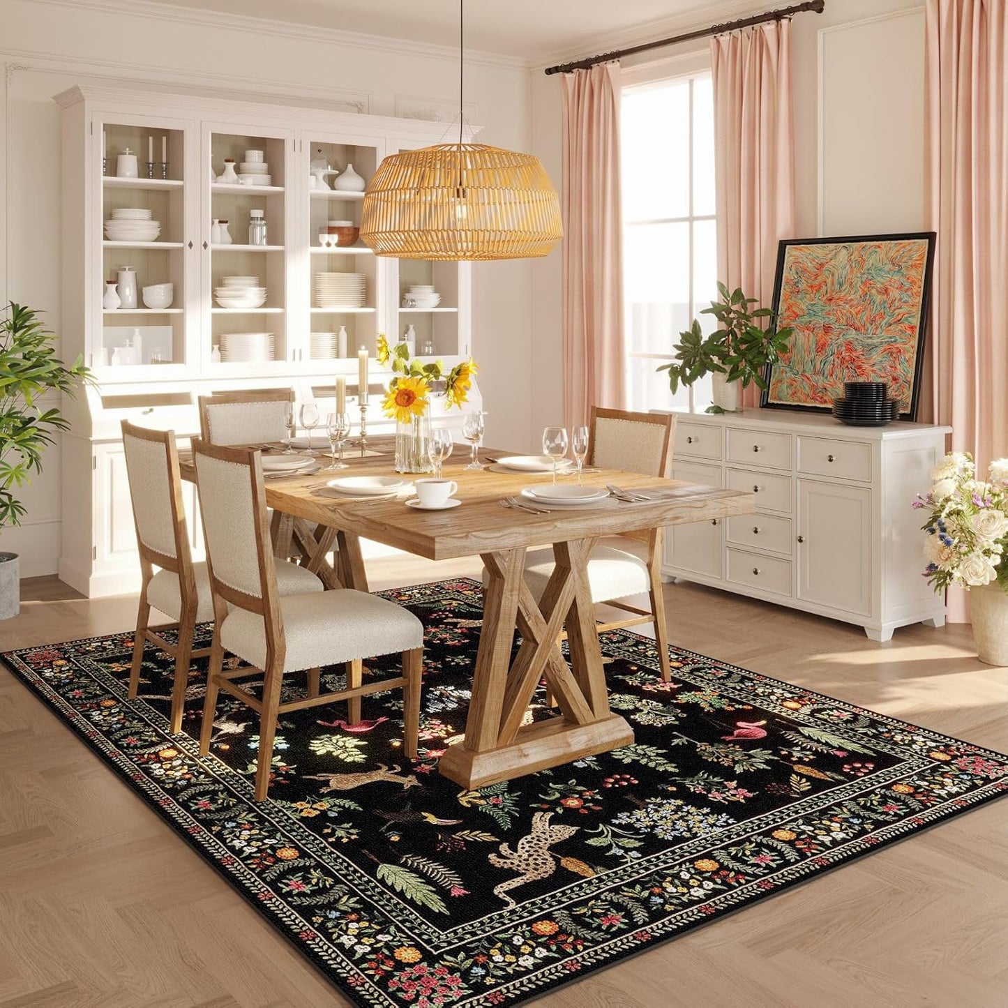 Rugcomf Area Rugs 8x10 Rug for Living Room Clearance Washable Boho Area Rug Non Slip Floral Animal Vintage Low Pile Large Rug for Living Room, Bedroom, Farmhouse, Dining Room, Kids Playroom (Black)