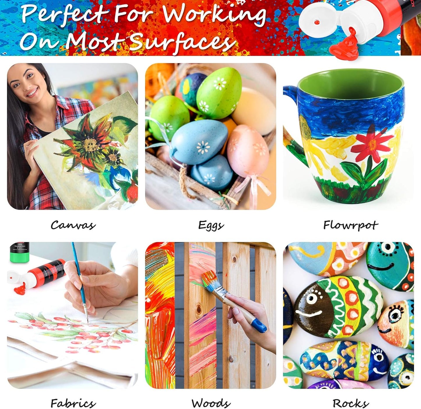 Caliart Black Acrylic Paint with 12 Brushes, 24 Art Craft Paints (59ml, 2oz) Gifts Trendy Stuff for Adults Artists, Canvas Ceramic Rock Eggs Painting Kit Art Supplies