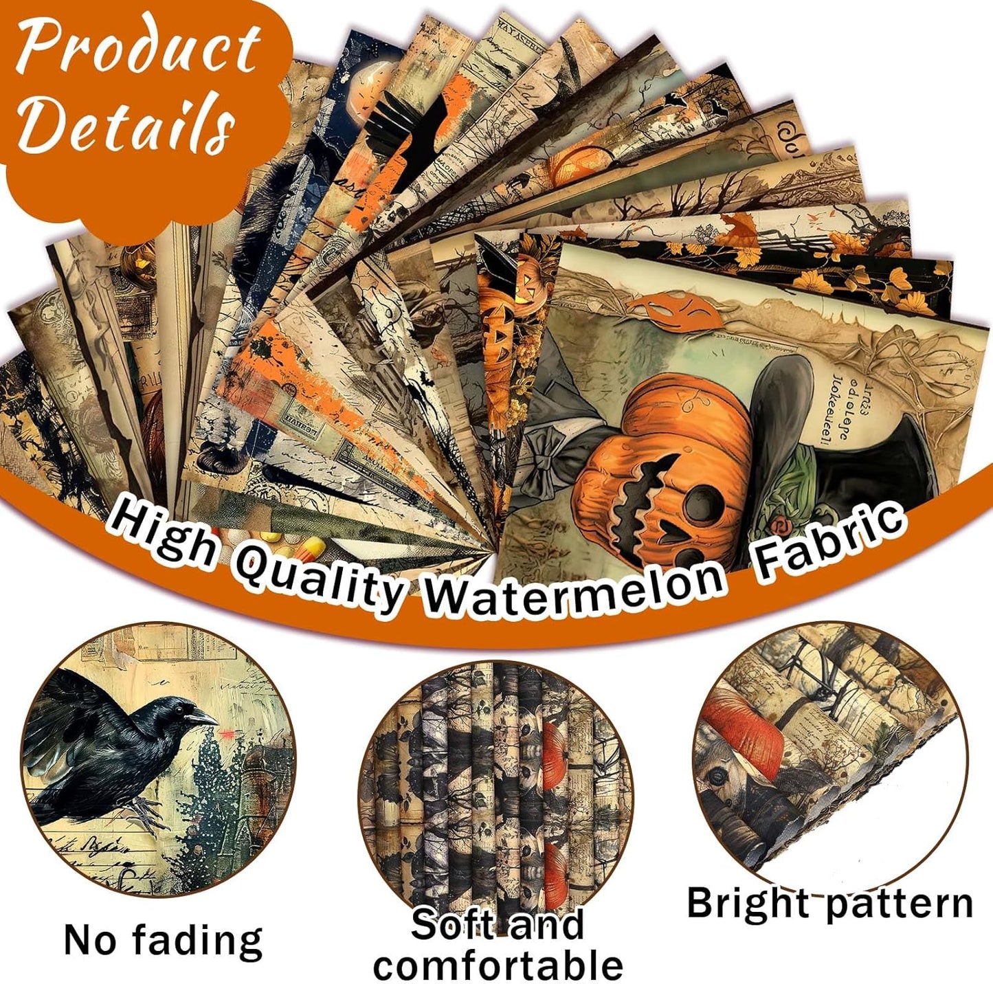 Ganeen 60 Pcs 10 x 10 Inch Vintage Halloween Quilting Fabric Squares Spooky Gothic Fabric Bundle Pumpkin Skull Black Cat Fat Patchwork Precut Stripe for Holiday Handmade Material Sewing DIY Craft