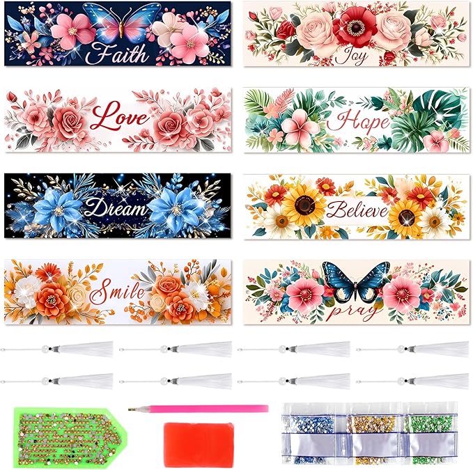 8 Pieces Diamond Art Bookmarks Inspirational DIY Farmhouse Rustic Bookmark Acrylic Tassel Bookmark for DIY Making Beginners Adults Arts Craft Supplies