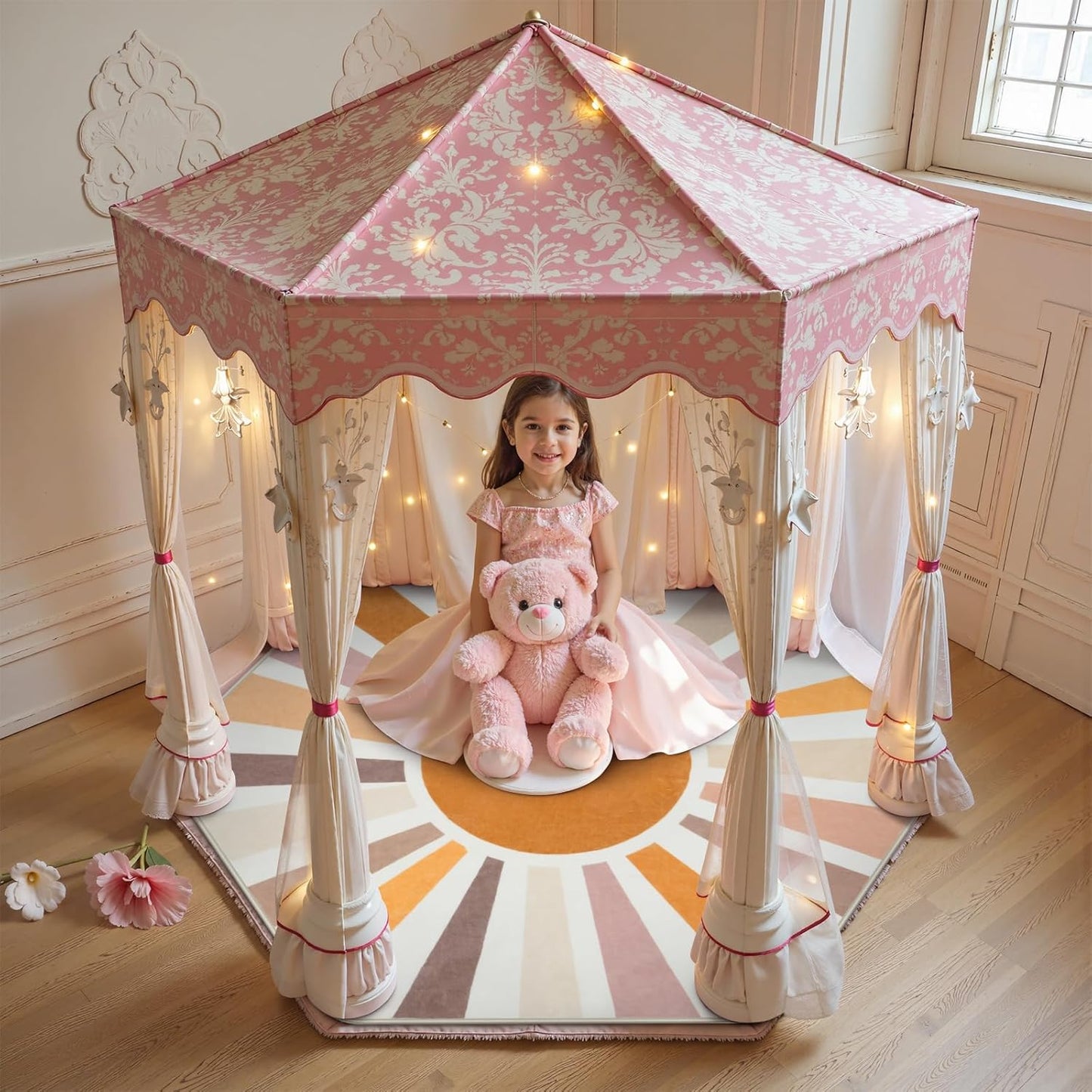 STARUIA Boho Washable Hexagon Rainbow Nursery Rug for Princess Tent Kids Play Castle, 4.6ft Colorful Sun for Kids Play Room, Ultra Soft Carpet for Girls Boys Room Playhouse Classroom Dorm Home Decor