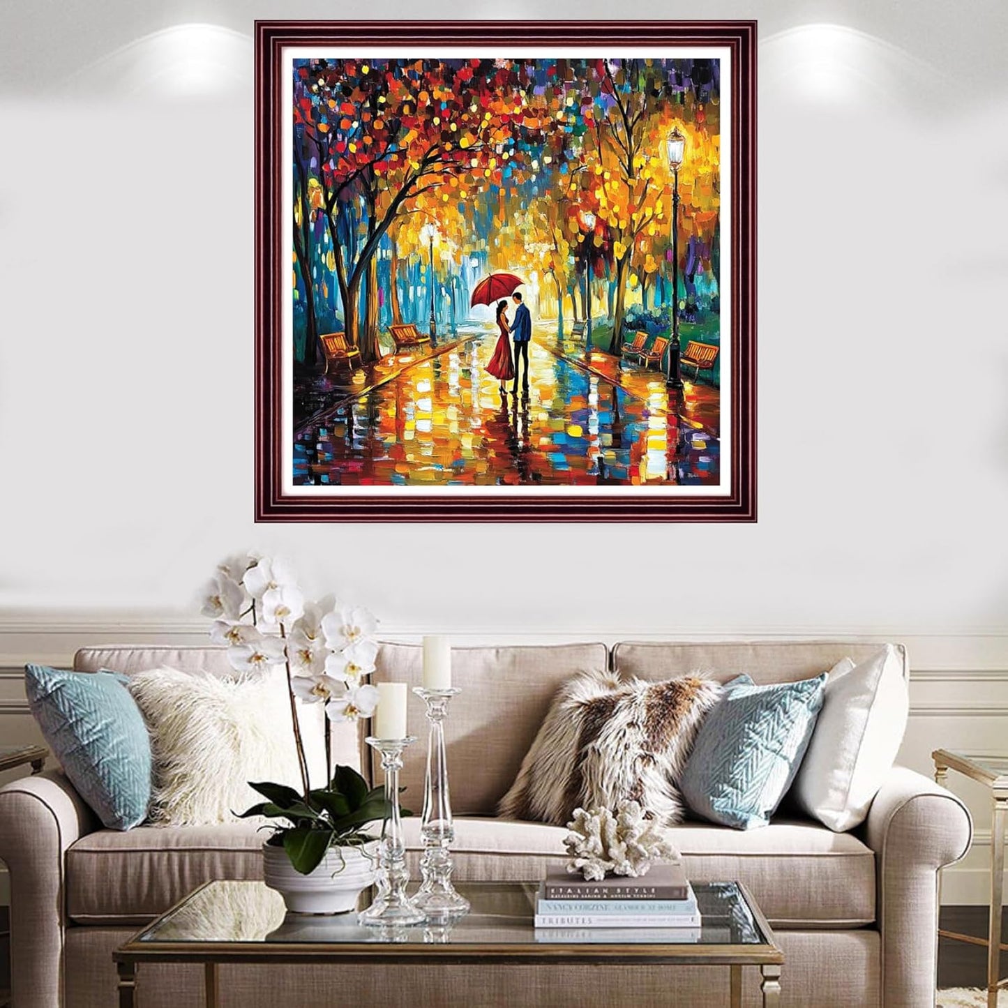 Redxing Stamped Cross Stitch Kits Full Range of Embroidery Starter Kits- Needlepoint Counted Cross Stitch Kits for Beginner Adults 11CT Printed Embroidery Kit-Couple Strolling Rainy Night 18x18 inch