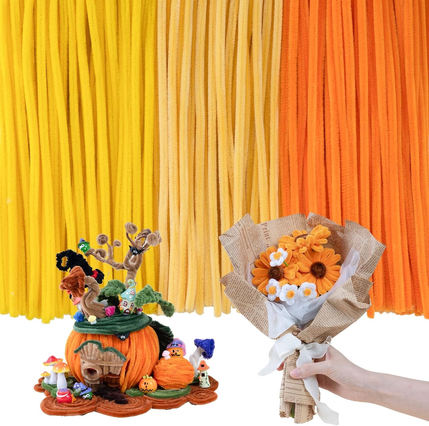 Caydo 300 Pieces Yellow Orange Pipe Cleaners, Thick Fluffy Chenille Stems, Pipe Cleaner Crafts for Arts & Crafts, Perfect for Making Animals, Flowers, and Festive Decorations